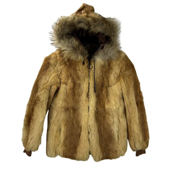 1970s Vintage Women's Size Small Chestnut Hooded Zip Up Real Fur Jacket Coat - Picture 6 of 16
